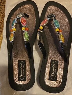 Granado Black Thong Sandals with Multicolor Jeweled Accents